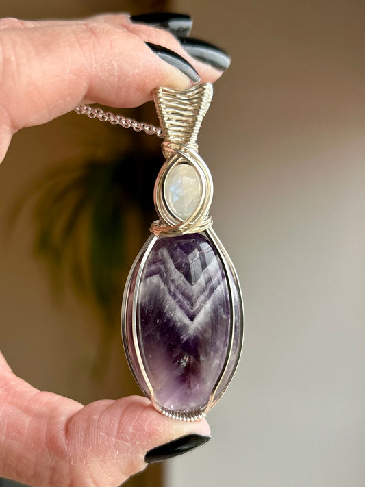 Chevron Amethyst and Rainbow Moonstone Pendant