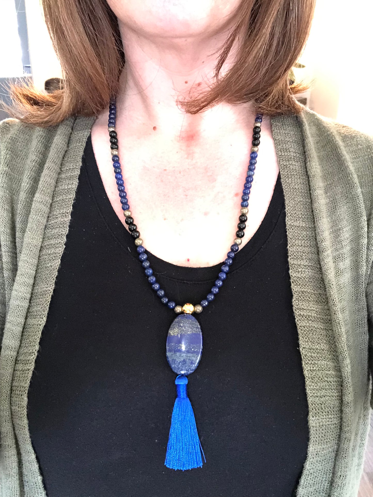 108 Bead Mala ~ Lapis Lazuli, Pyrite and Black Obsidian