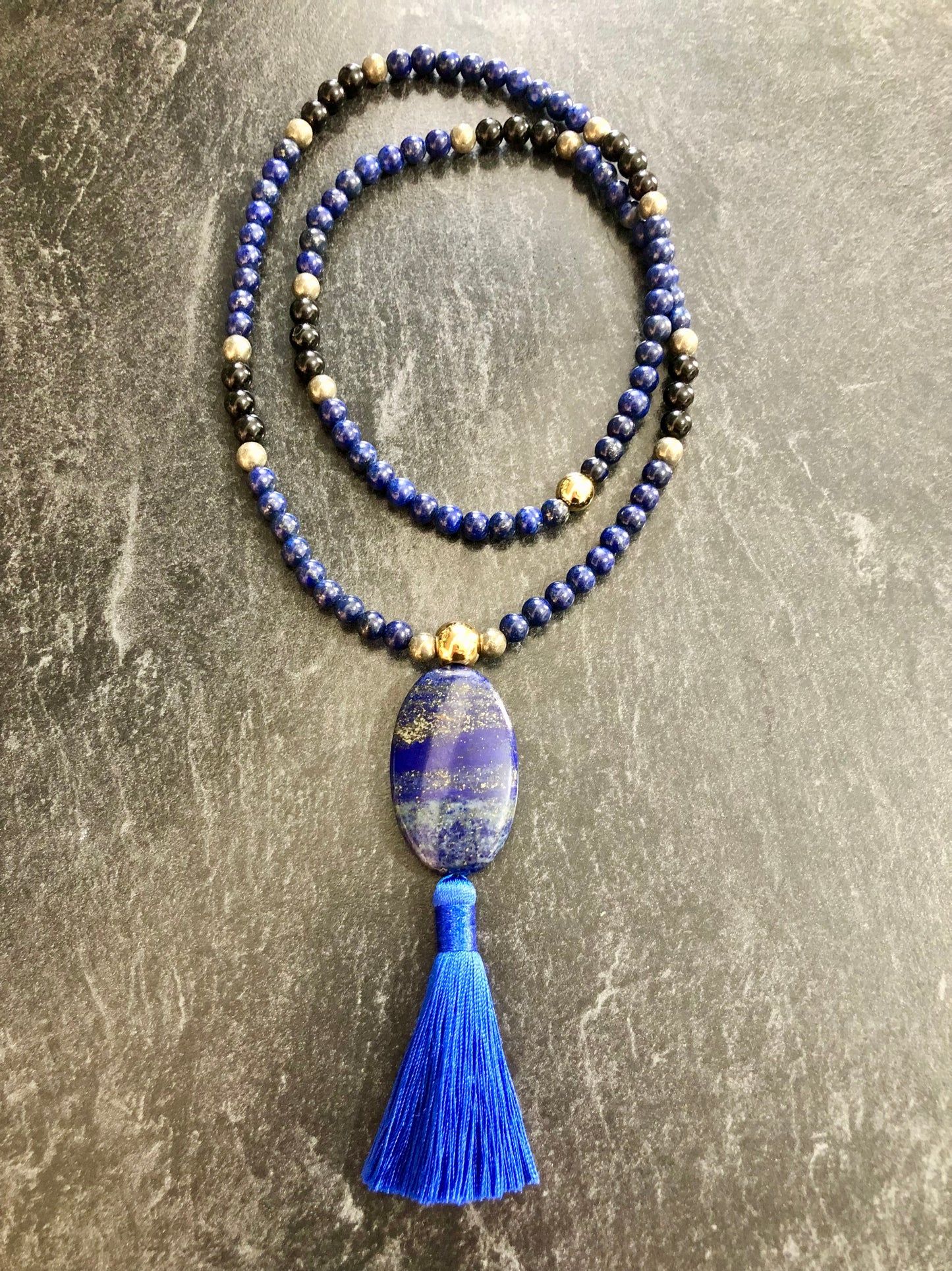 108 Bead Mala ~ Lapis Lazuli, Pyrite and Black Obsidian