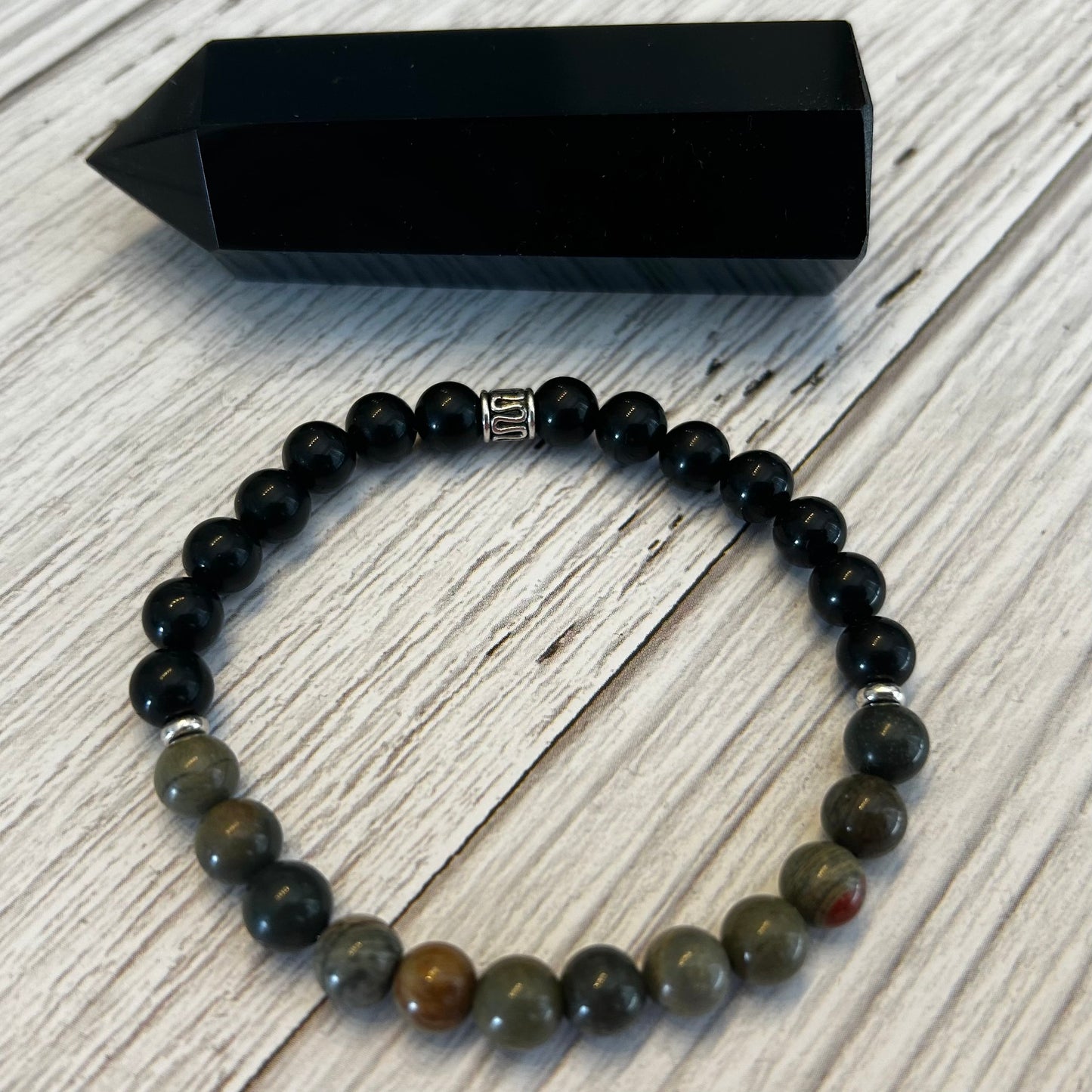 Silver Leaf Jasper and Black Tourmaline Bracelet