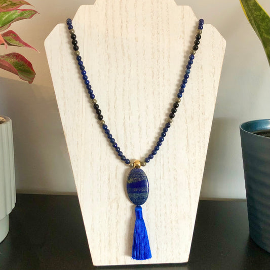 108 Bead Mala ~ Lapis Lazuli, Pyrite and Black Obsidian