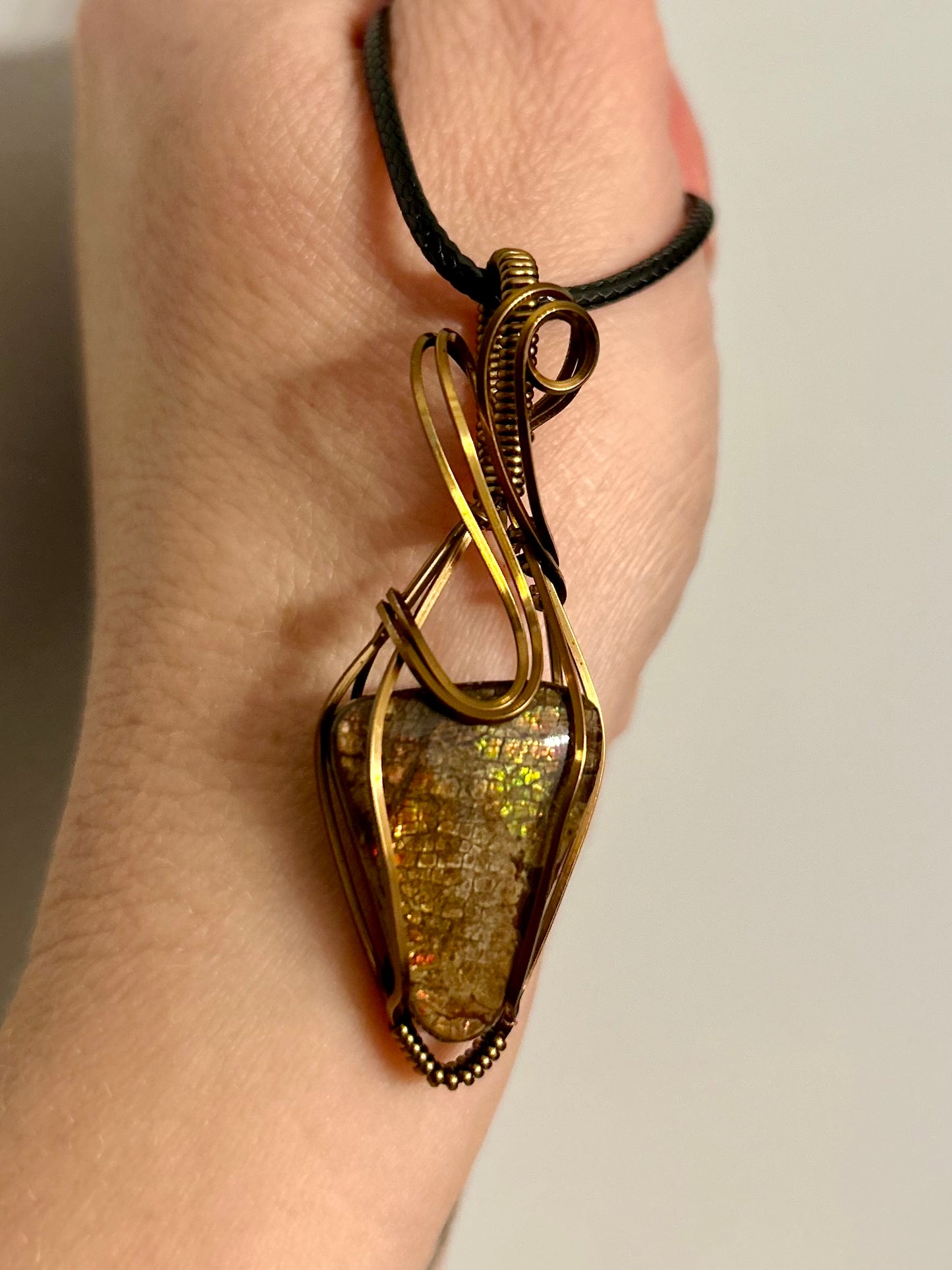 Ammolite Copper Wire Wrapped Pendant