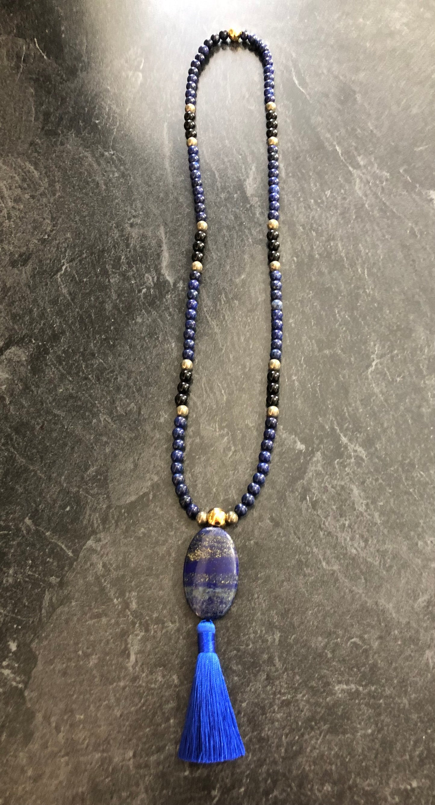 108 Bead Mala ~ Lapis Lazuli, Pyrite and Black Obsidian