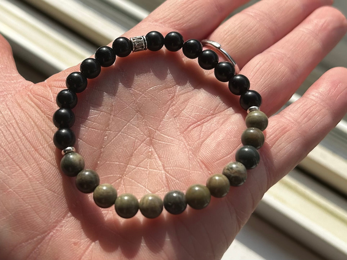 Silver Leaf Jasper and Black Tourmaline Bracelet