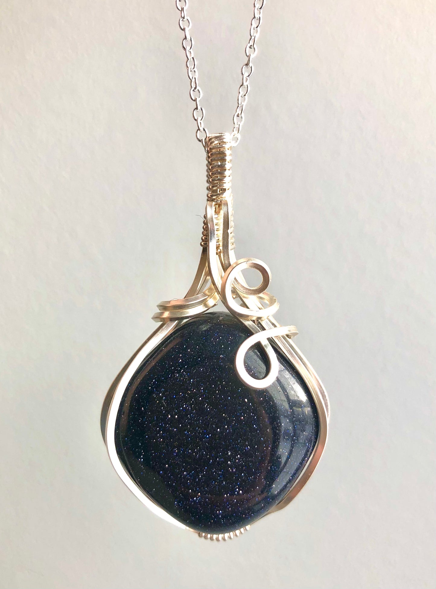 Blue Goldstone Wire Wrapped Pendant