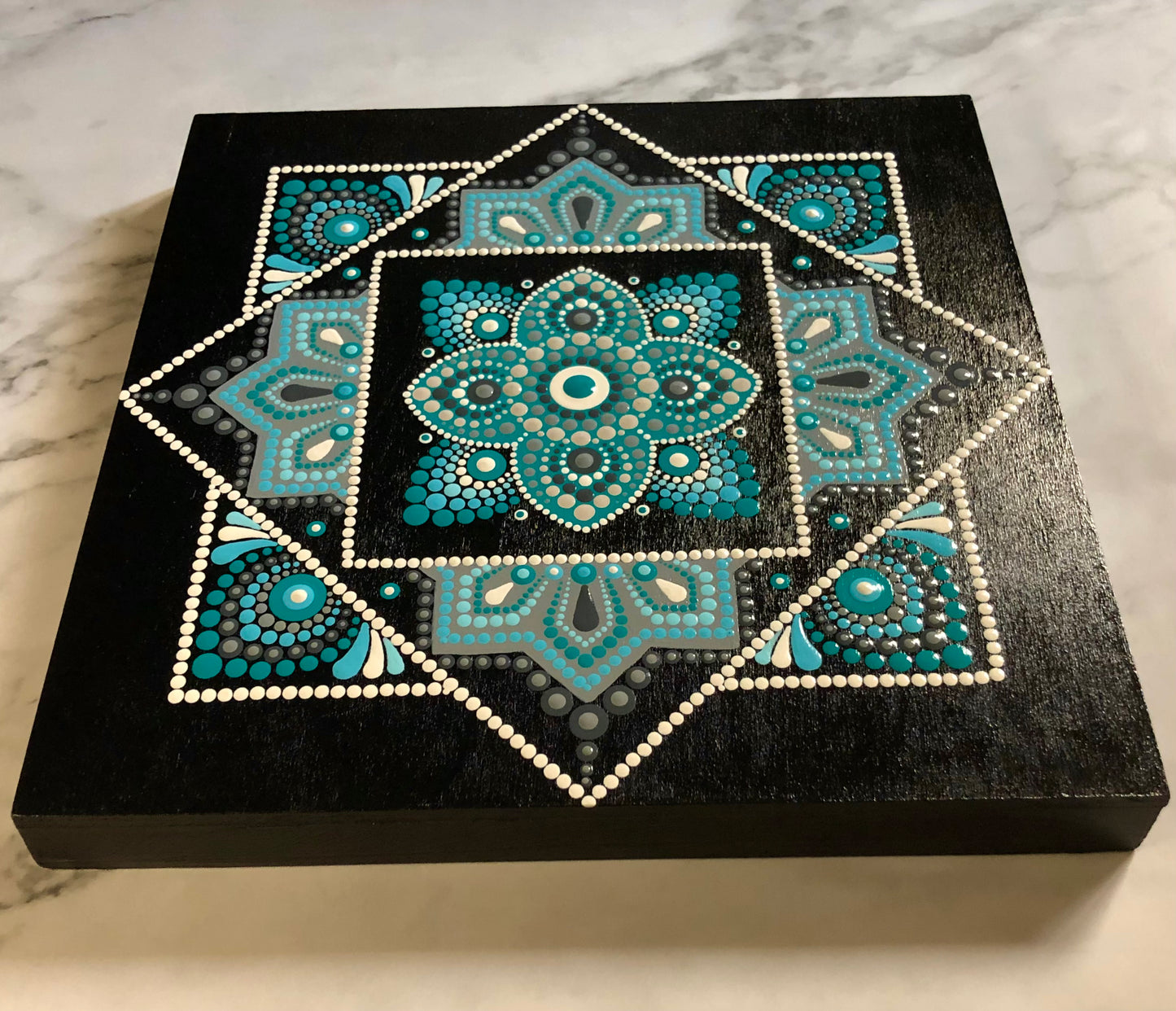 Teal and Grey Mandala on Wooden Panel