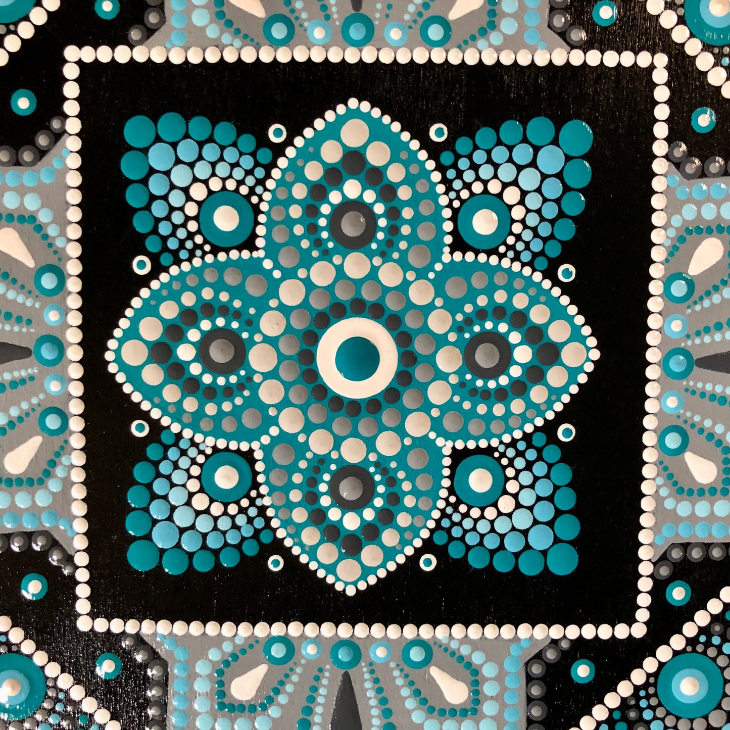 Teal and Grey Mandala on Wooden Panel