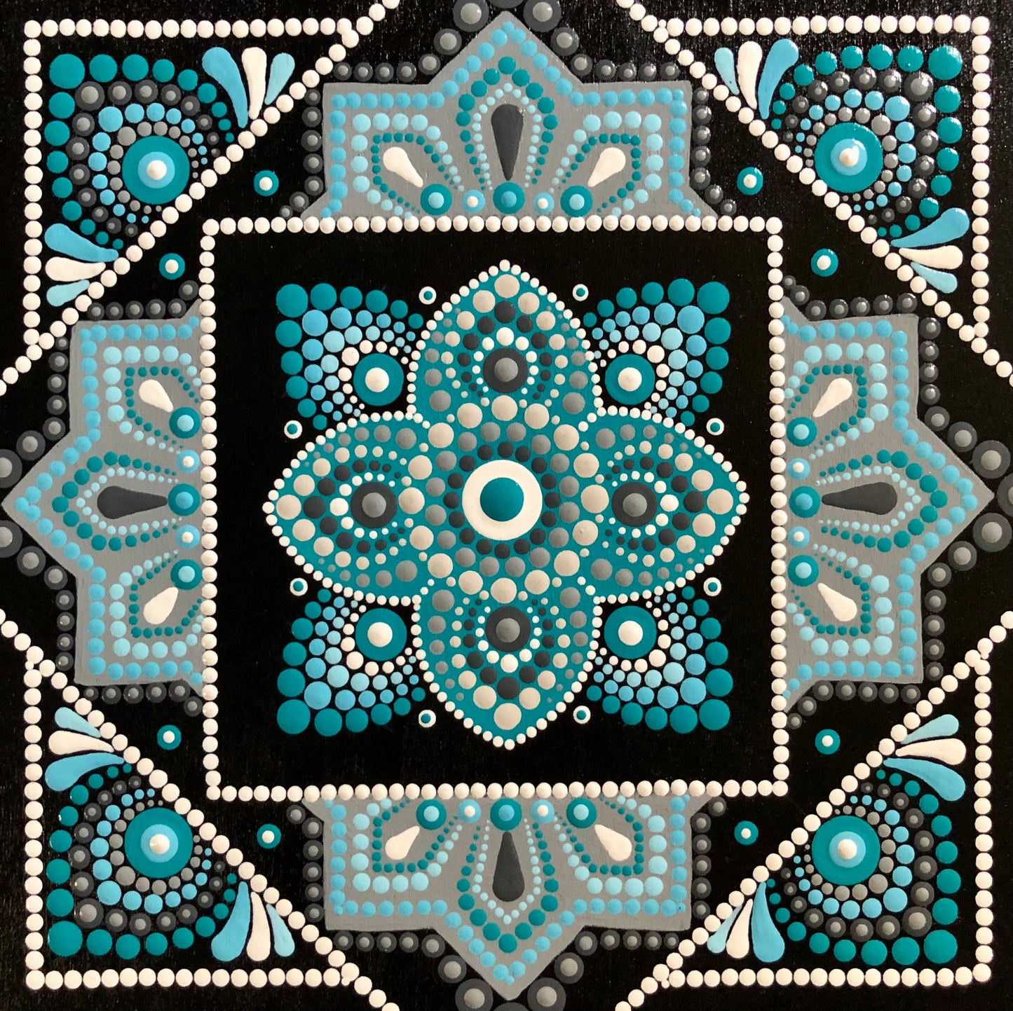 Teal and Grey Mandala on Wooden Panel