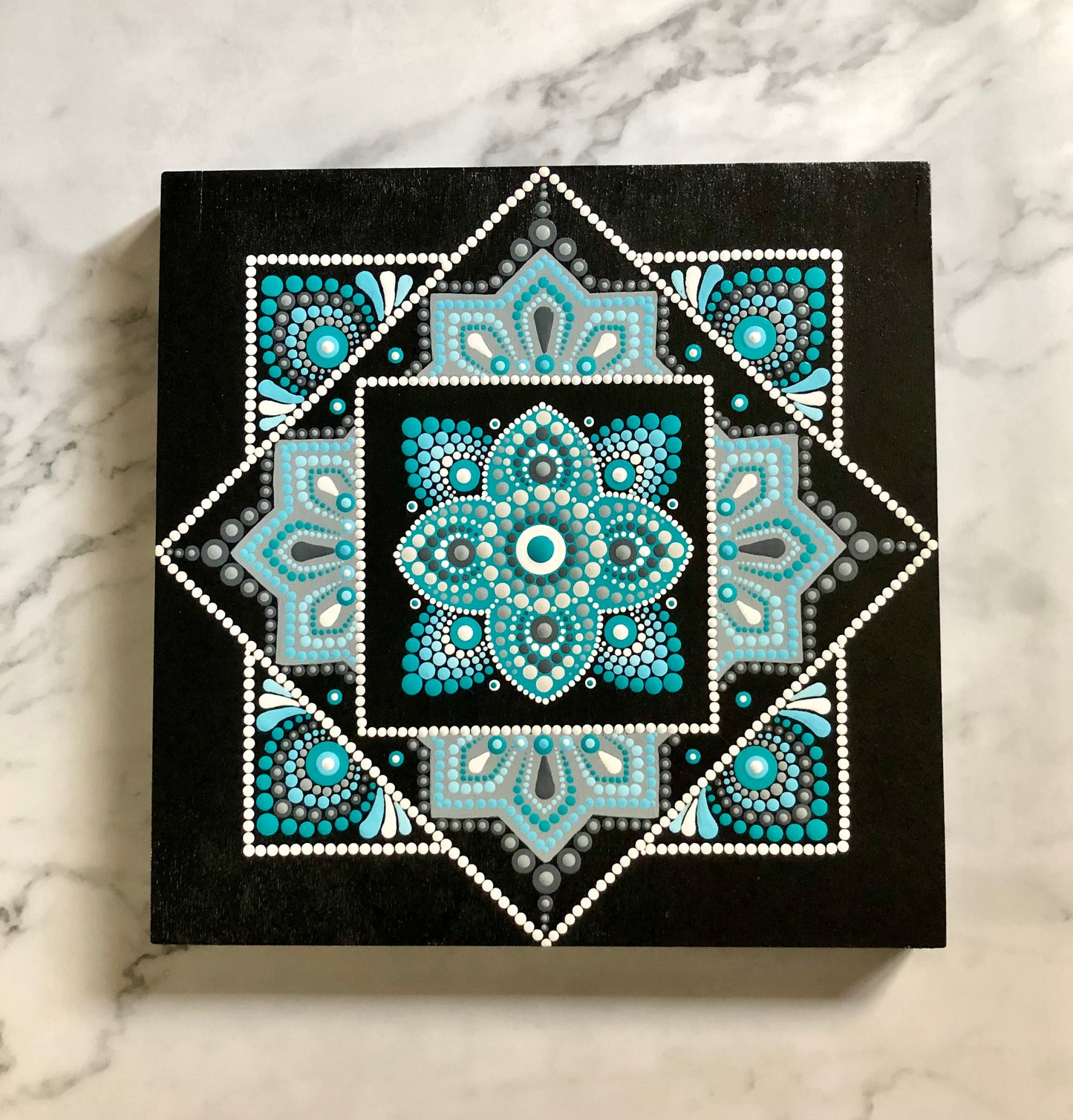 Teal and Grey Mandala on Wooden Panel