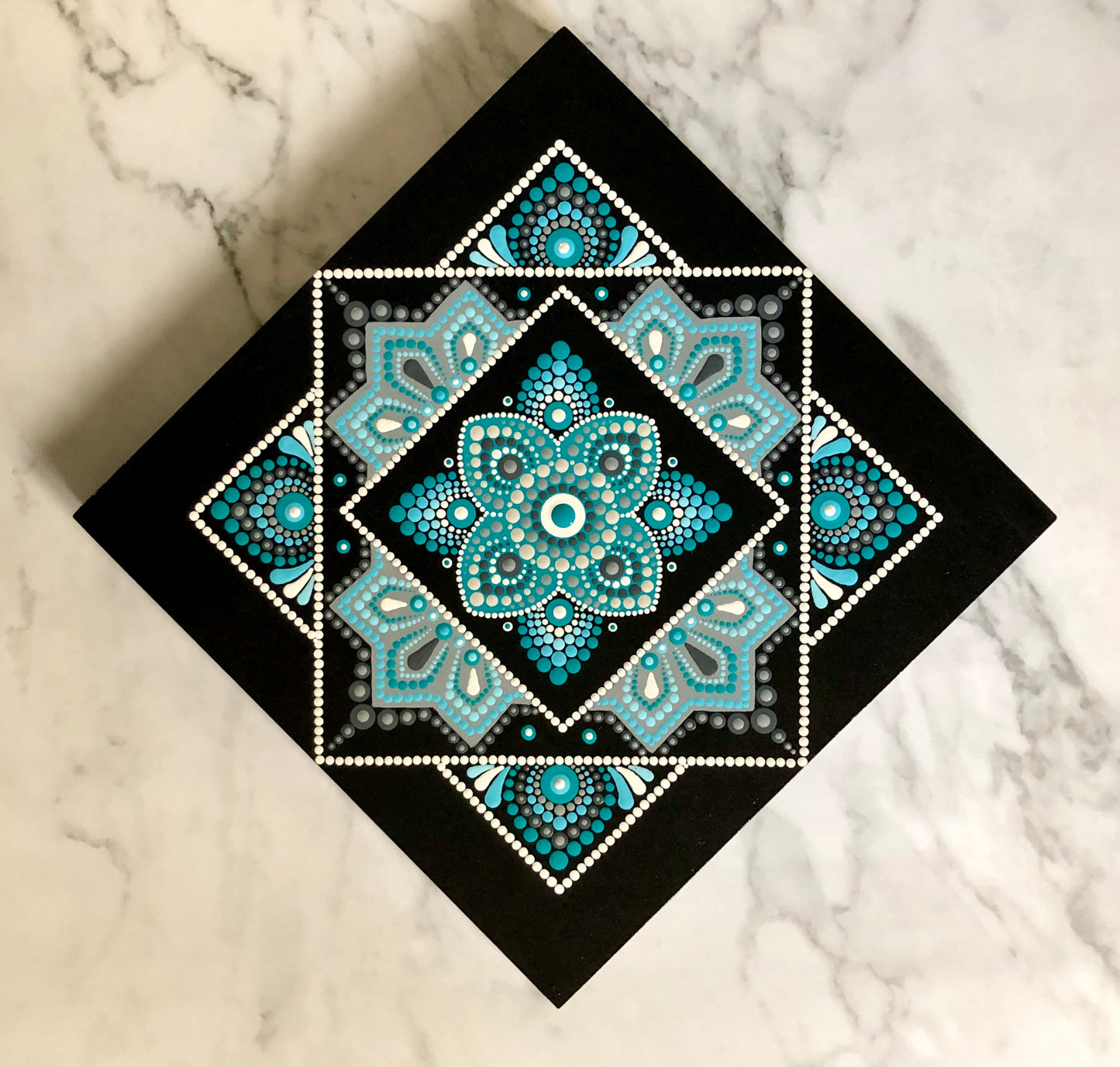 Teal and Grey Mandala on Wooden Panel