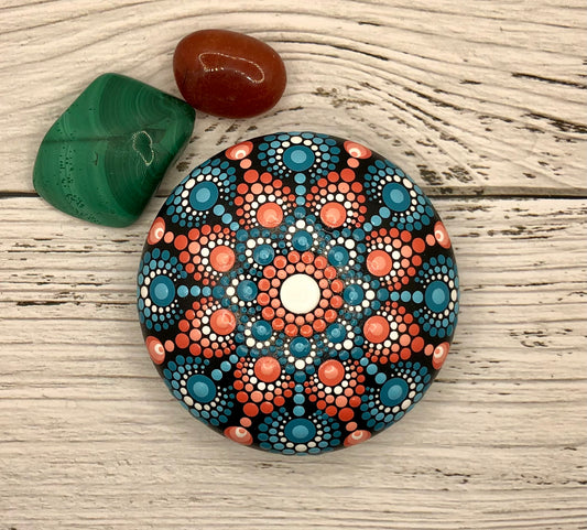 Turquoise and Coral Mandala Stone