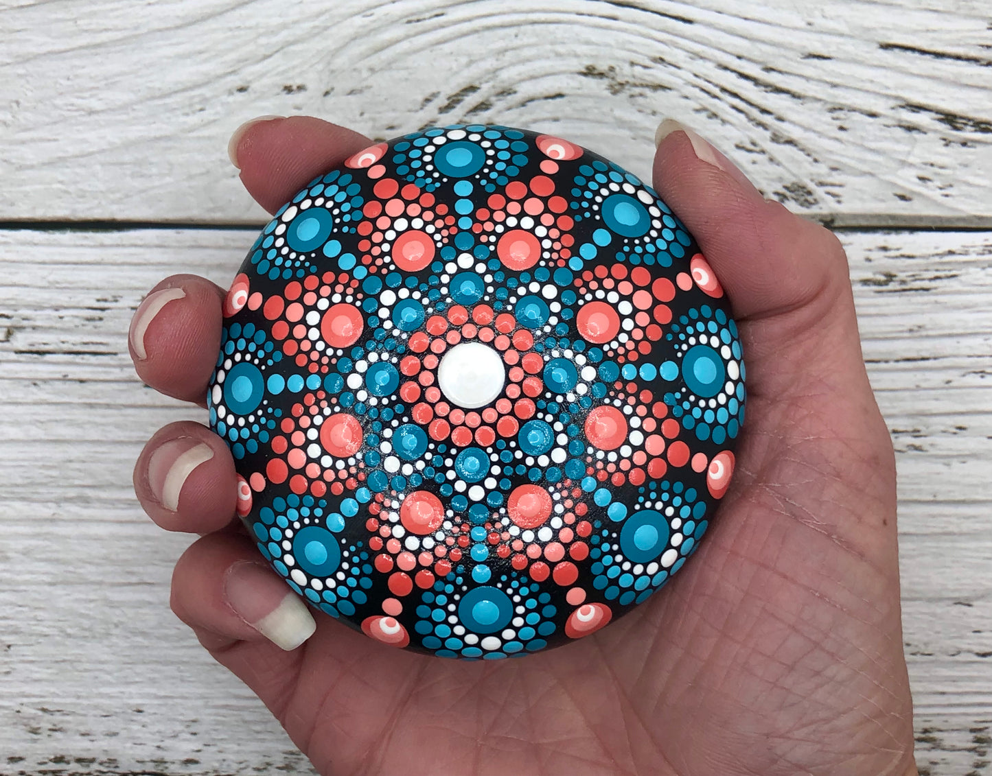 Turquoise and Coral Mandala Stone