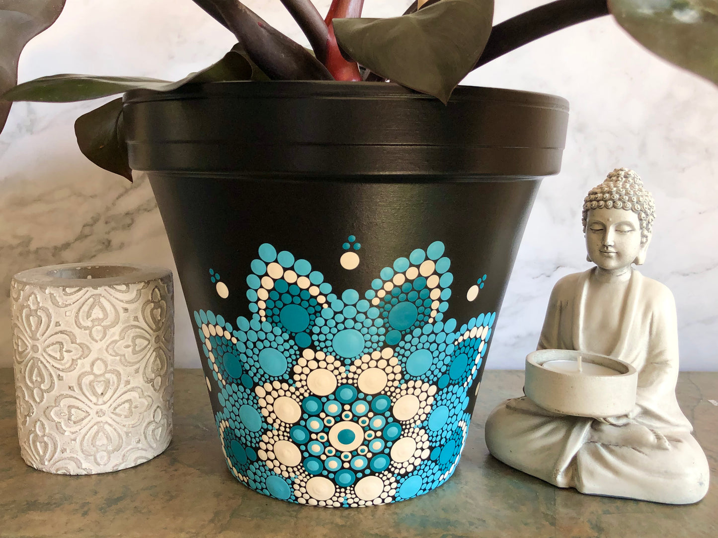 Black Pot ~ Blue and White Off Centered Mandala