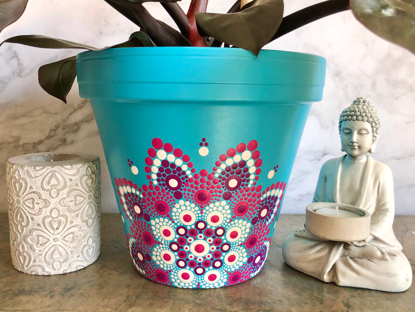 Bright Blue Pot ~ Pink and White Off Centered Mandala