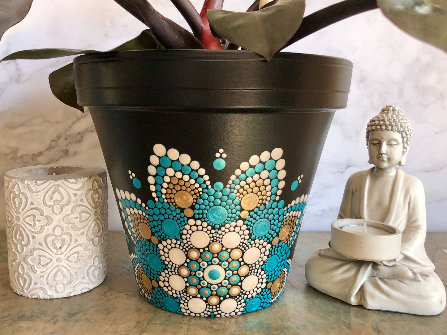 Black Pot ~ Teal, Gold and White Mandala