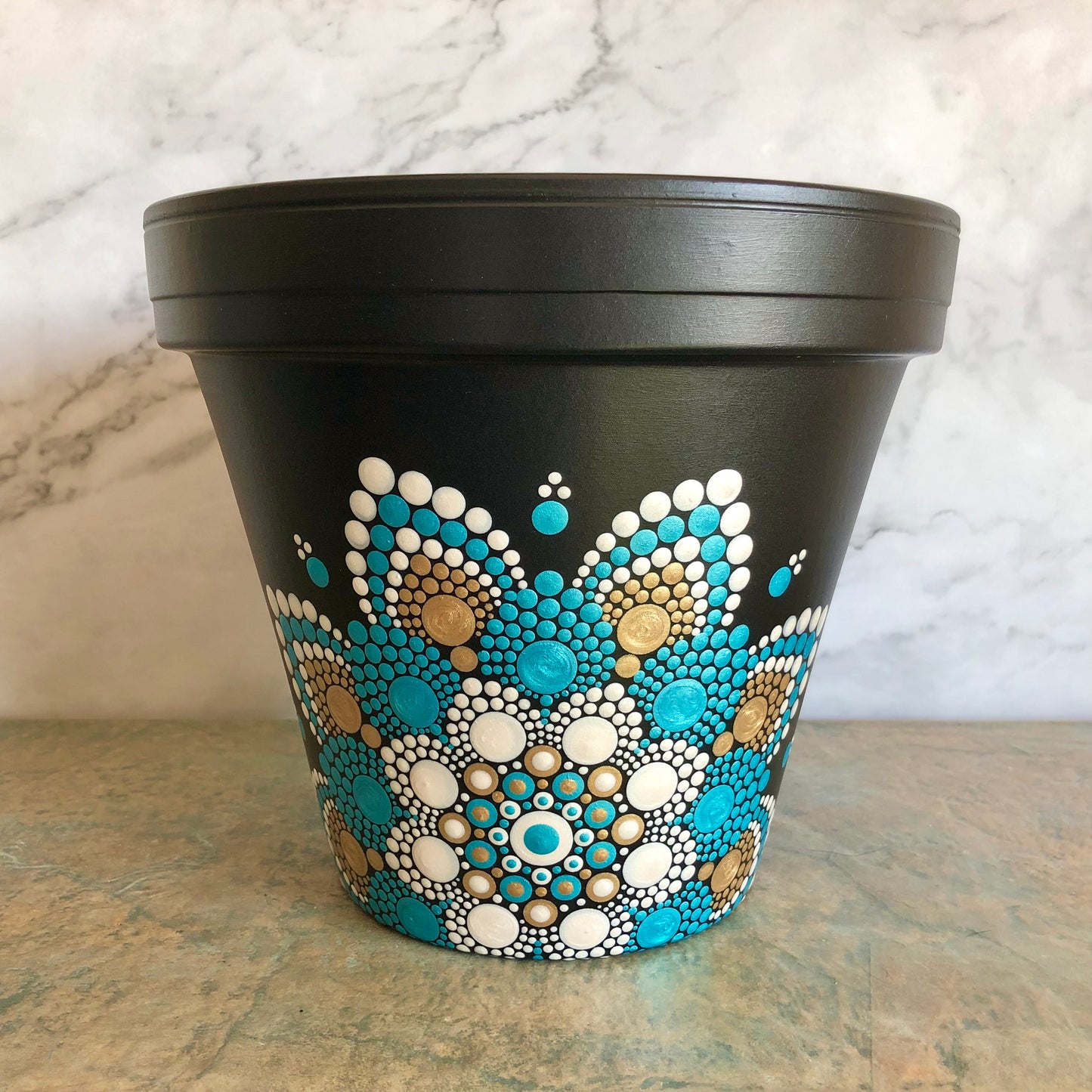 Black Pot ~ Teal, Gold and White Mandala