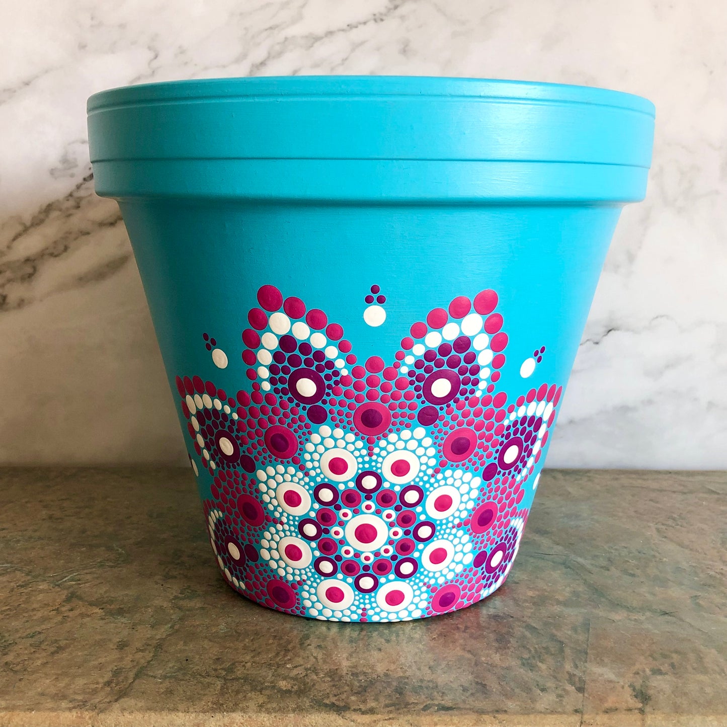 Bright Blue Pot ~ Pink and White Off Centered Mandala