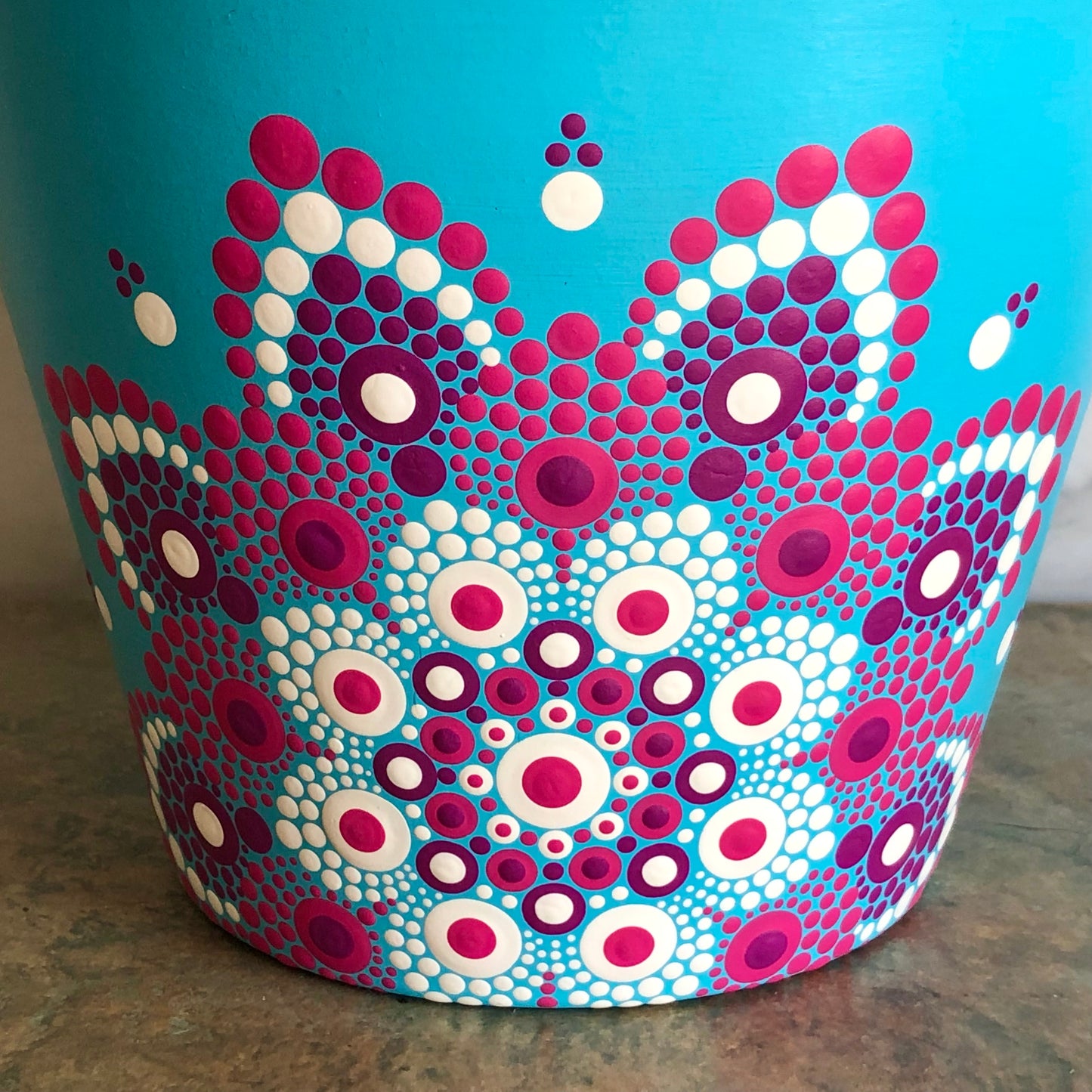 Bright Blue Pot ~ Pink and White Off Centered Mandala