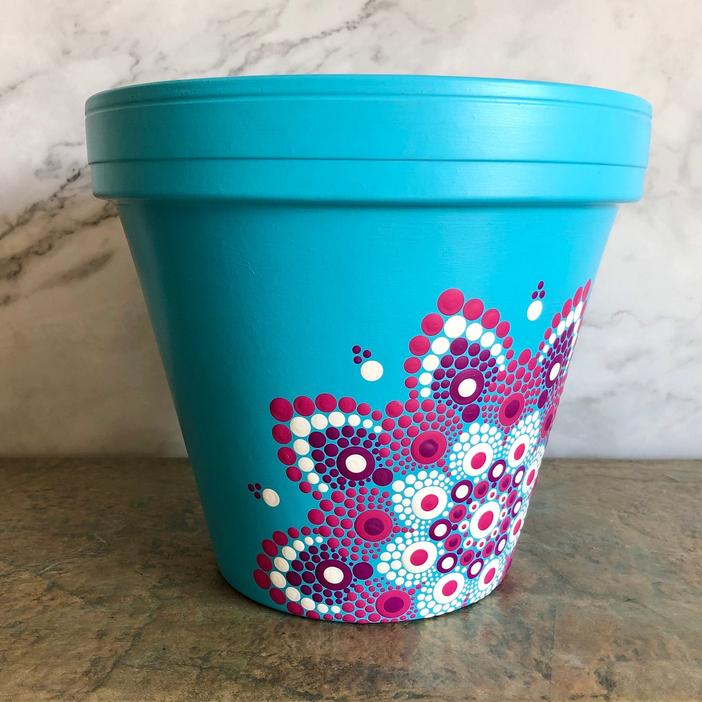 Bright Blue Pot ~ Pink and White Off Centered Mandala