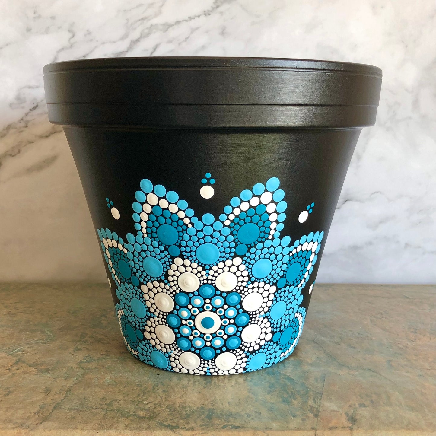 Black Pot ~ Blue and White Off Centered Mandala