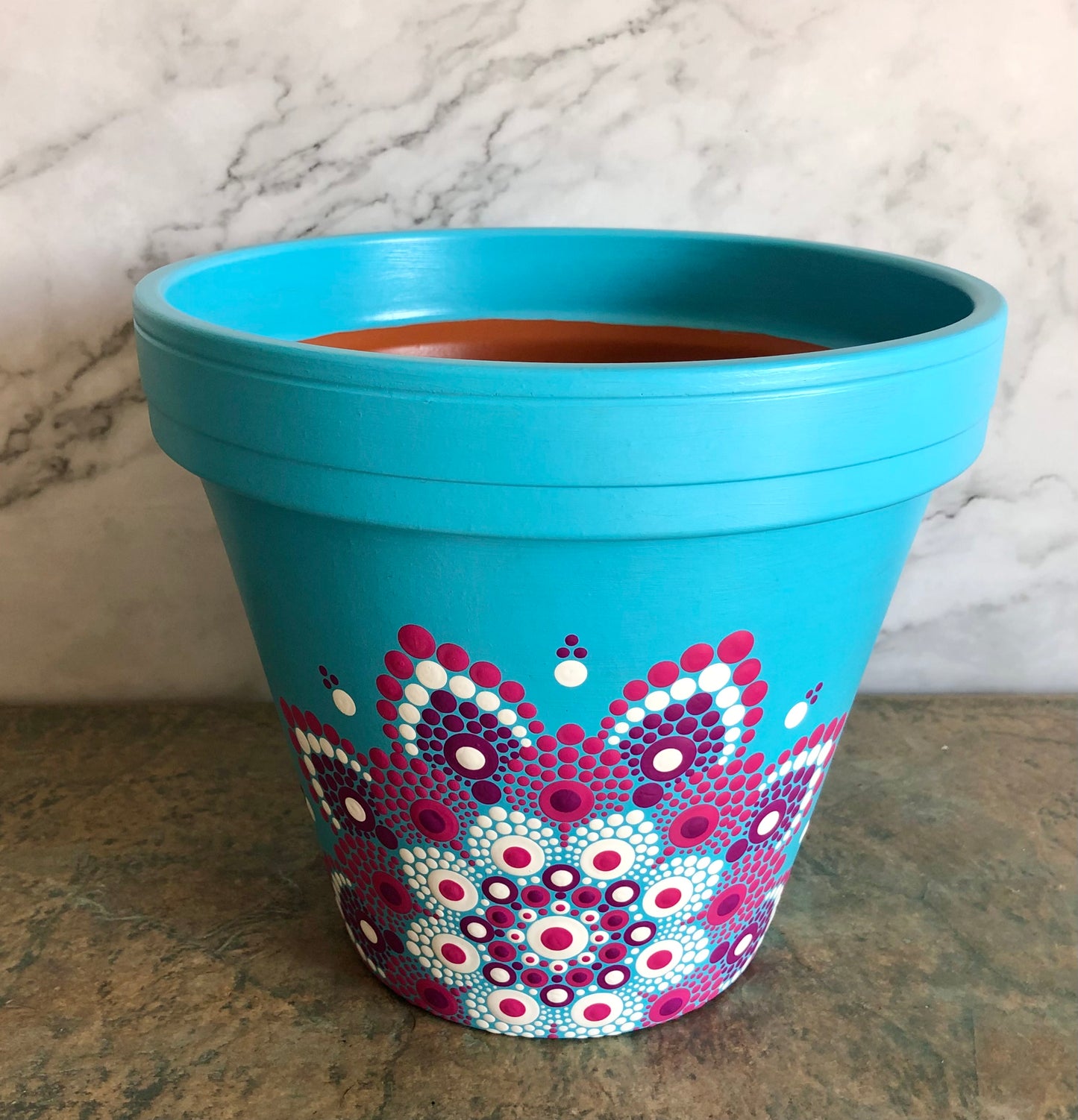 Bright Blue Pot ~ Pink and White Off Centered Mandala