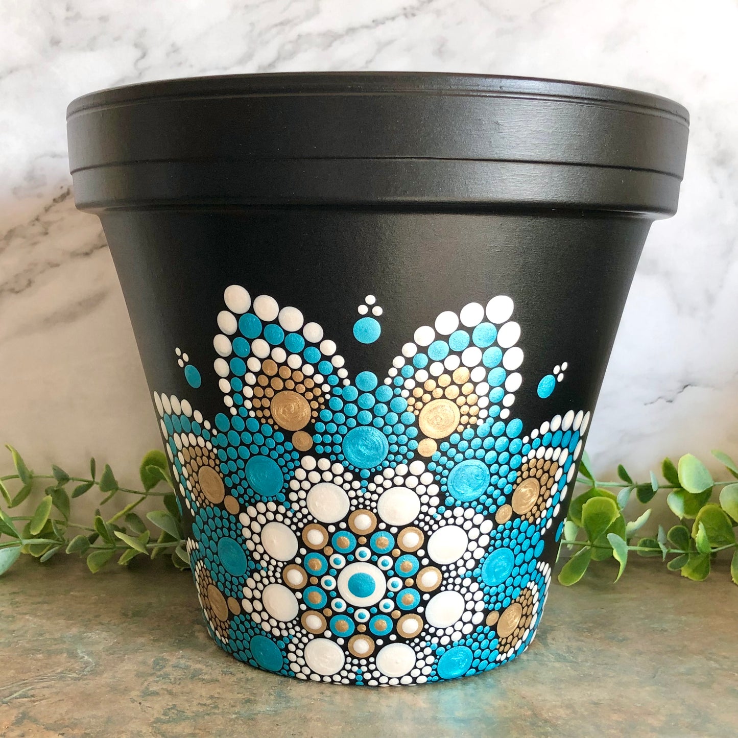 Black Pot ~ Teal, Gold and White Mandala