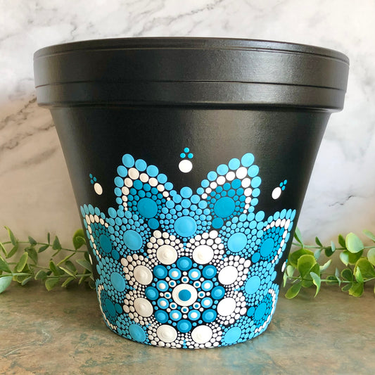 Black Pot ~ Blue and White Off Centered Mandala