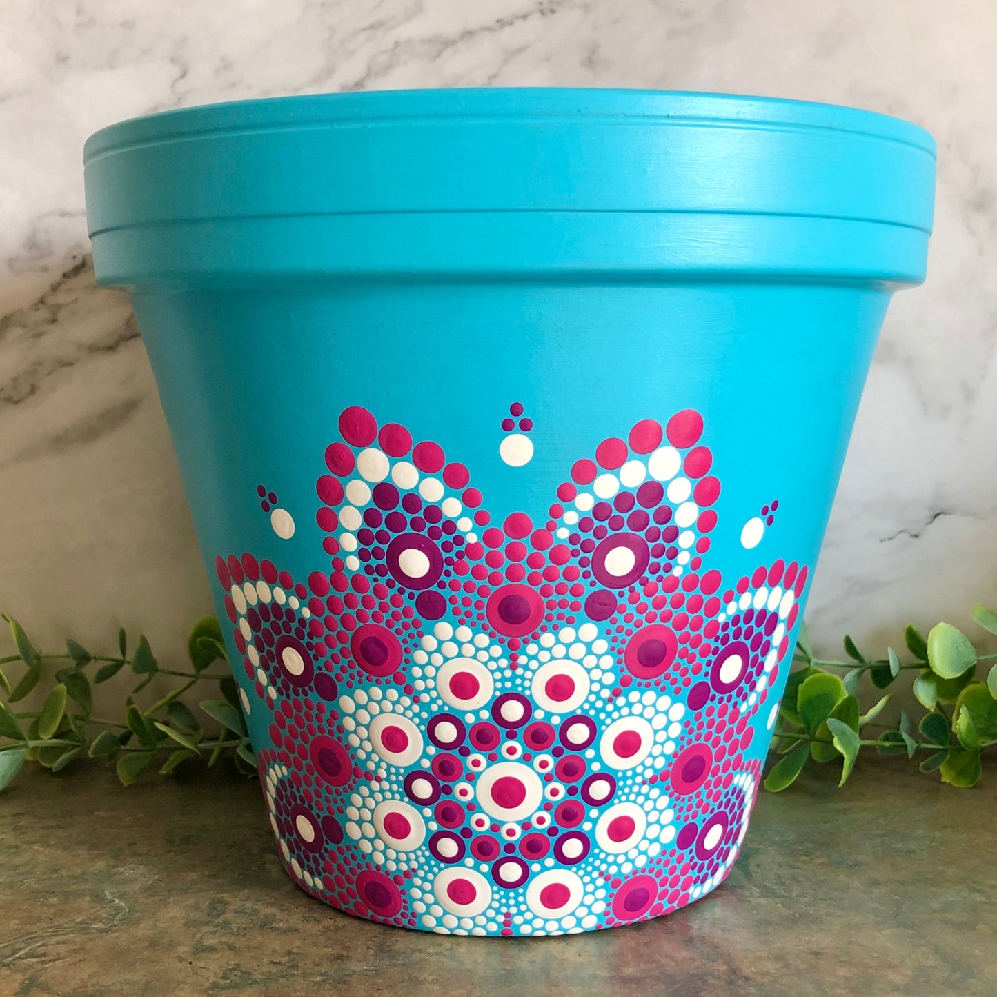 Bright Blue Pot ~ Pink and White Off Centered Mandala