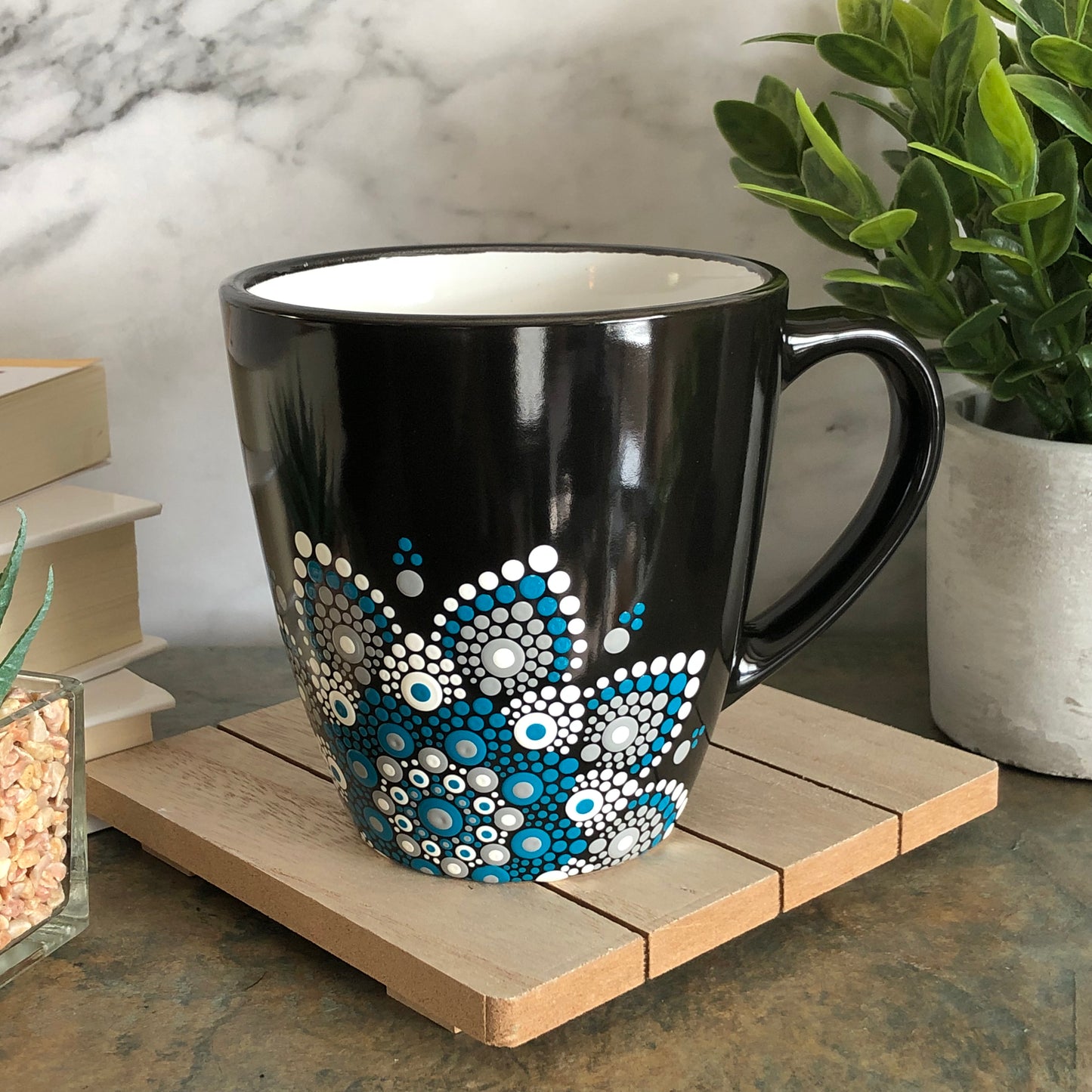 Made to Order ~ Black Mug ~ Teal, Grey and White Off Centered Mandala