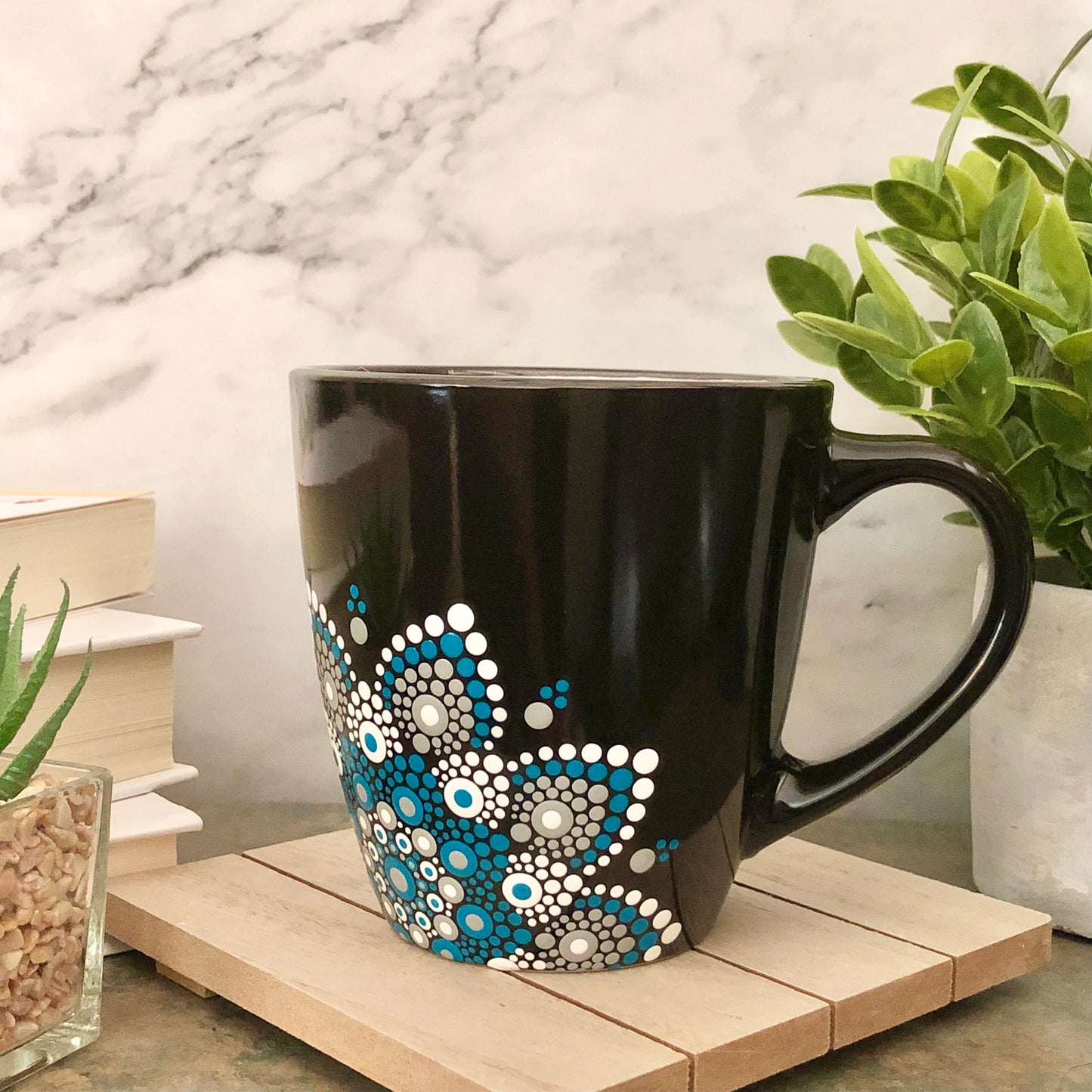 Made to Order ~ Black Mug ~ Teal, Grey and White Off Centered Mandala