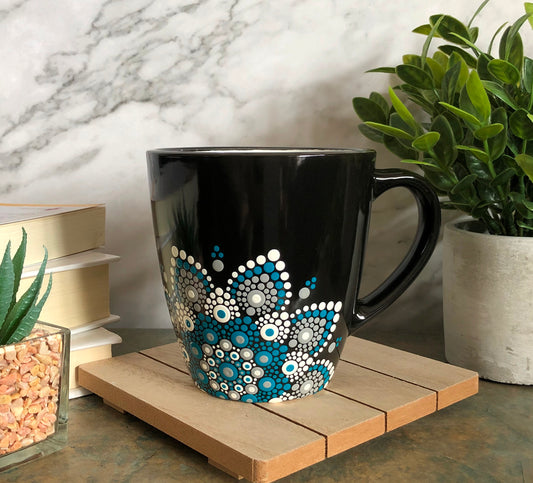 Made to Order ~ Black Mug ~ Teal, Grey and White Off Centered Mandala