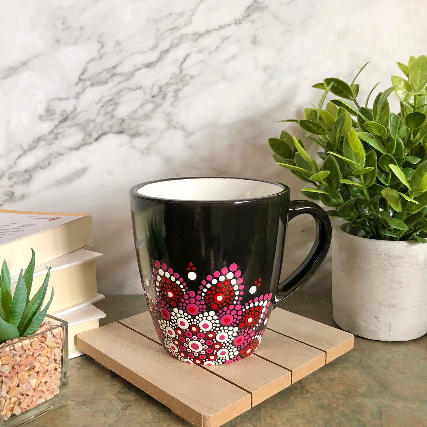 Made to Order ~ Black Mug ~ Pink, Red & White Off-Centered Mandala