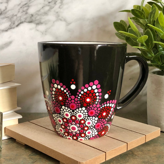 Made to Order ~ Black Mug ~ Pink, Red & White Off-Centered Mandala