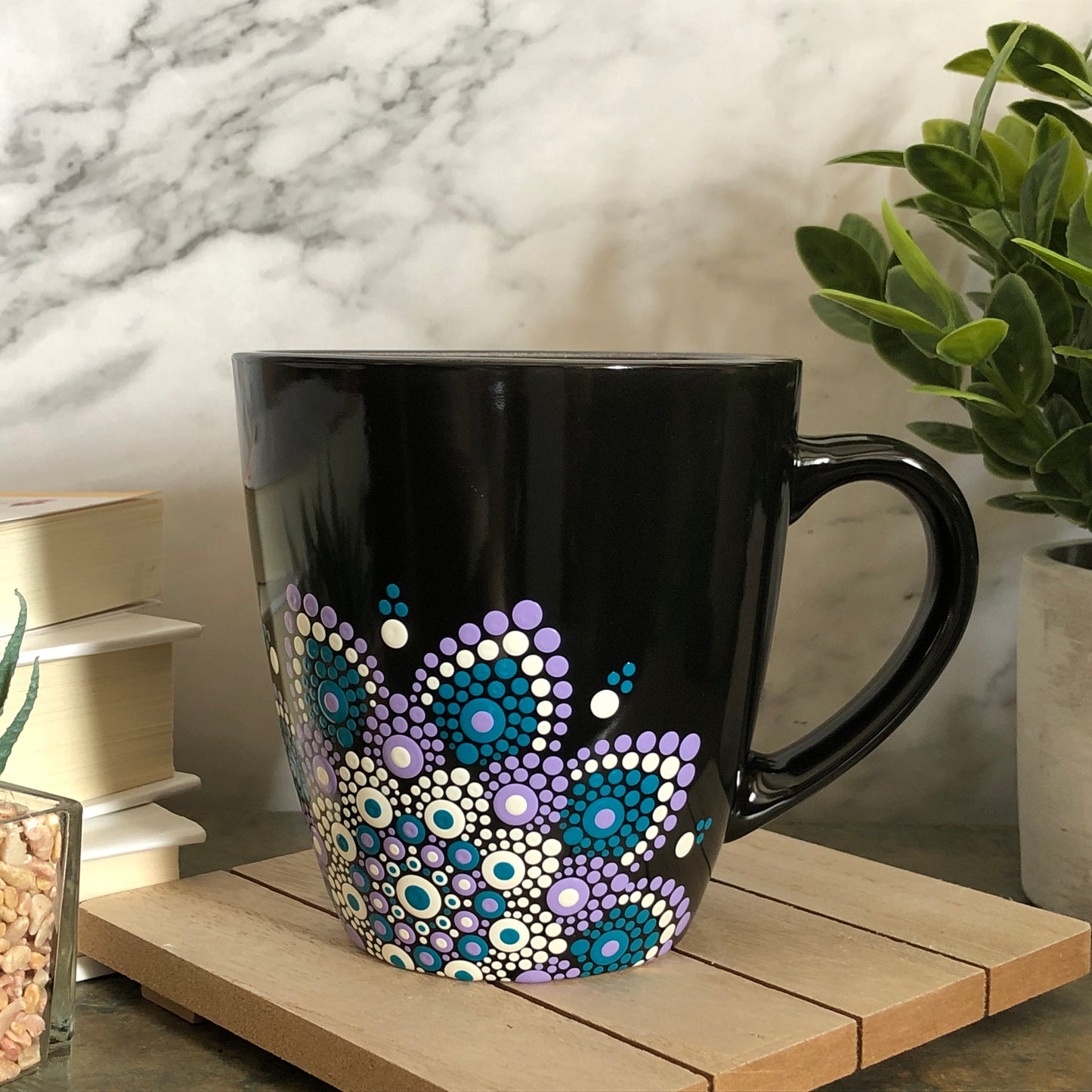 Made to Order ~ Black Mug ~ Purple, Teal and White Off Centered Mandala