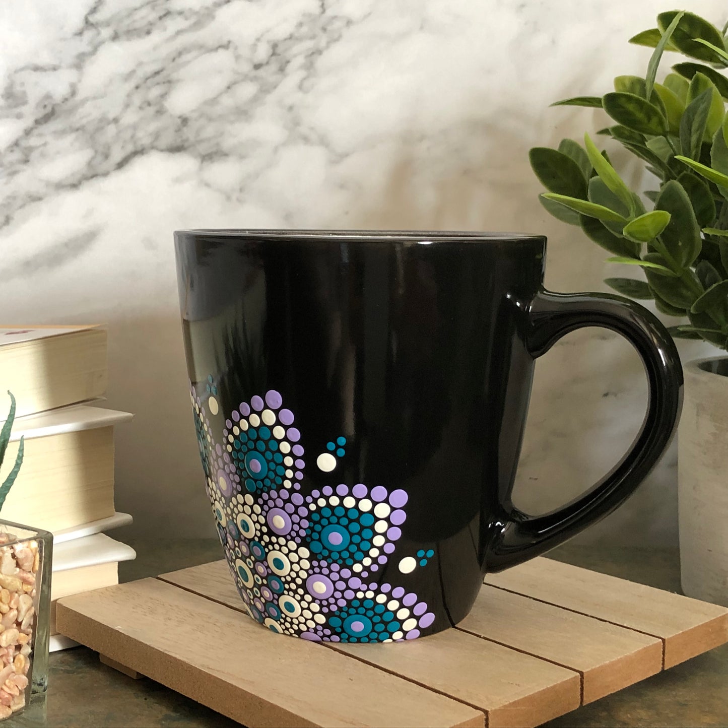 Made to Order ~ Black Mug ~ Purple, Teal and White Off Centered Mandala