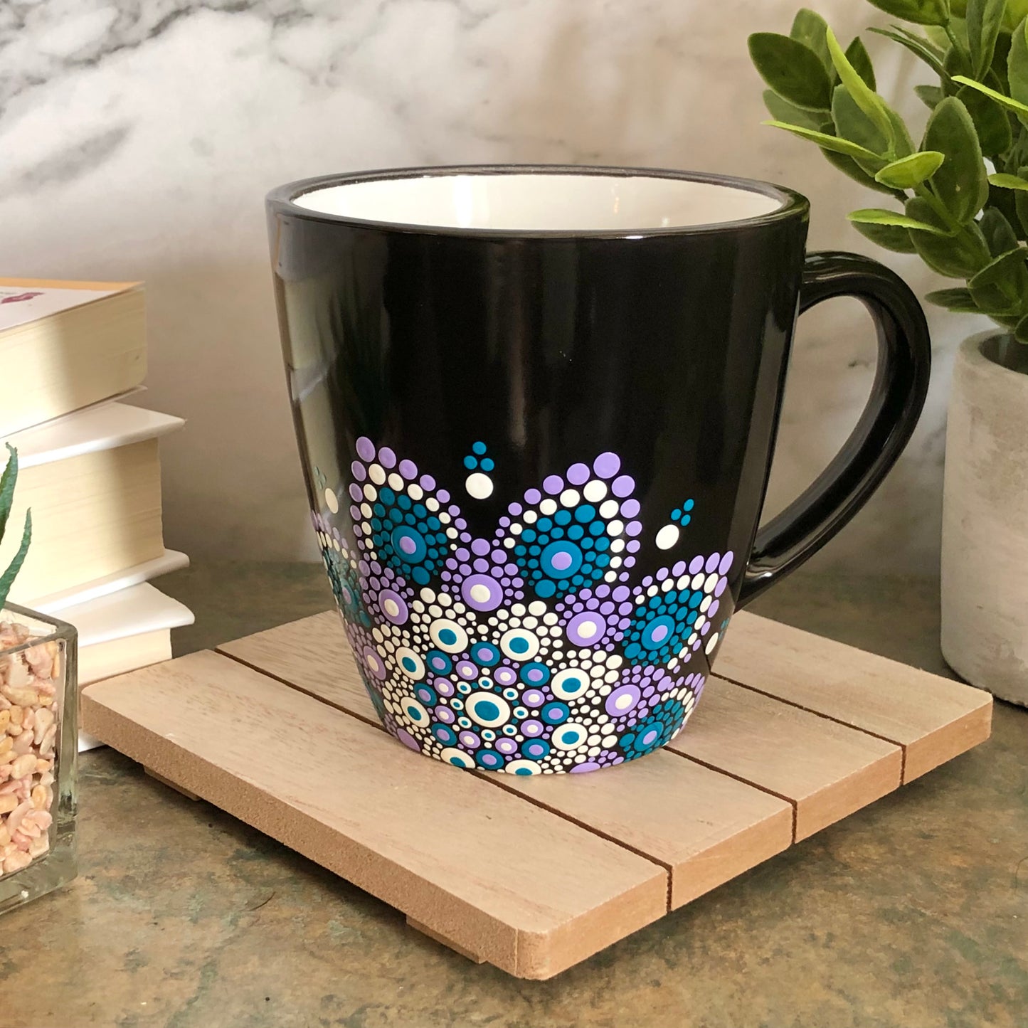 Made to Order ~ Black Mug ~ Purple, Teal and White Off Centered Mandala