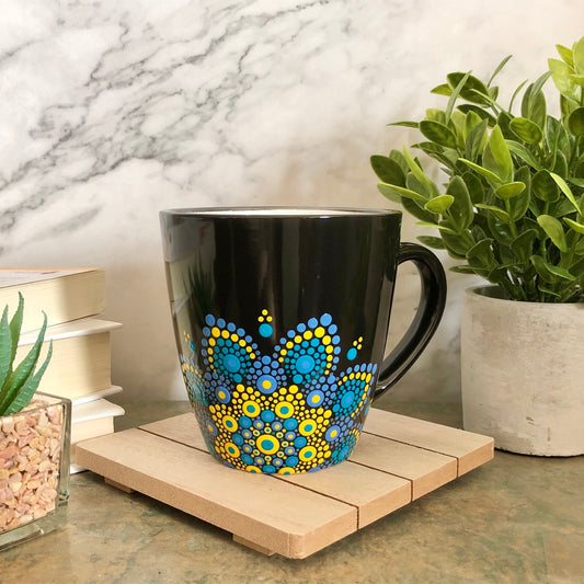 Made to Order ~ Black Mug ~ Yellow, Blue and Teal Off Centered Mandala