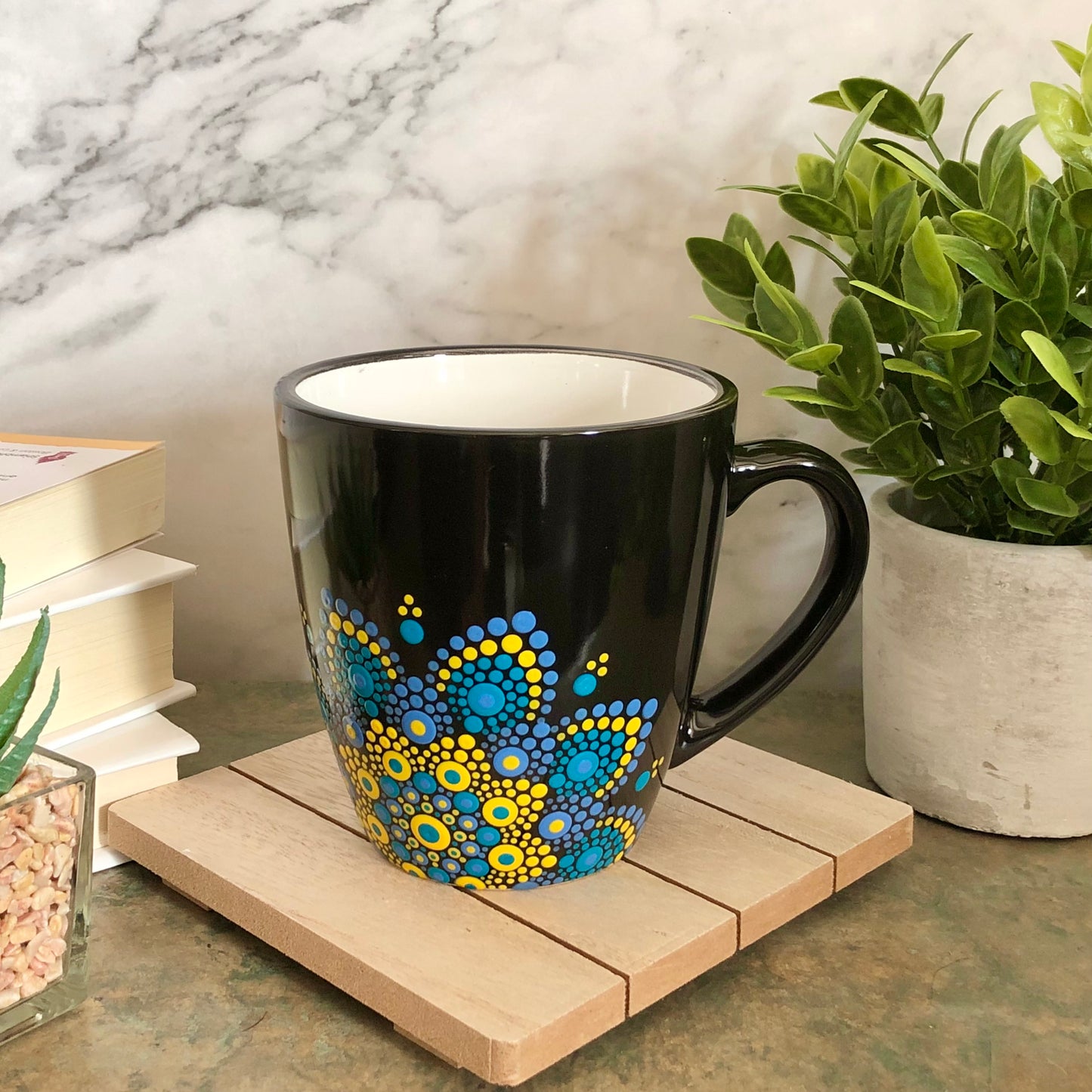 Made to Order ~ Black Mug ~ Yellow, Blue and Teal Off Centered Mandala