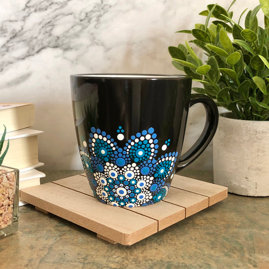 Made to Order ~ Black Mug ~ Blue, Teal and White Off Centered Mandala