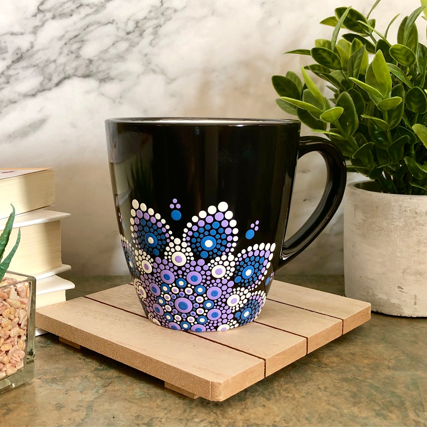 Made to Order ~ Black Mug ~ Purple, Blue and White Off Centered Mandala