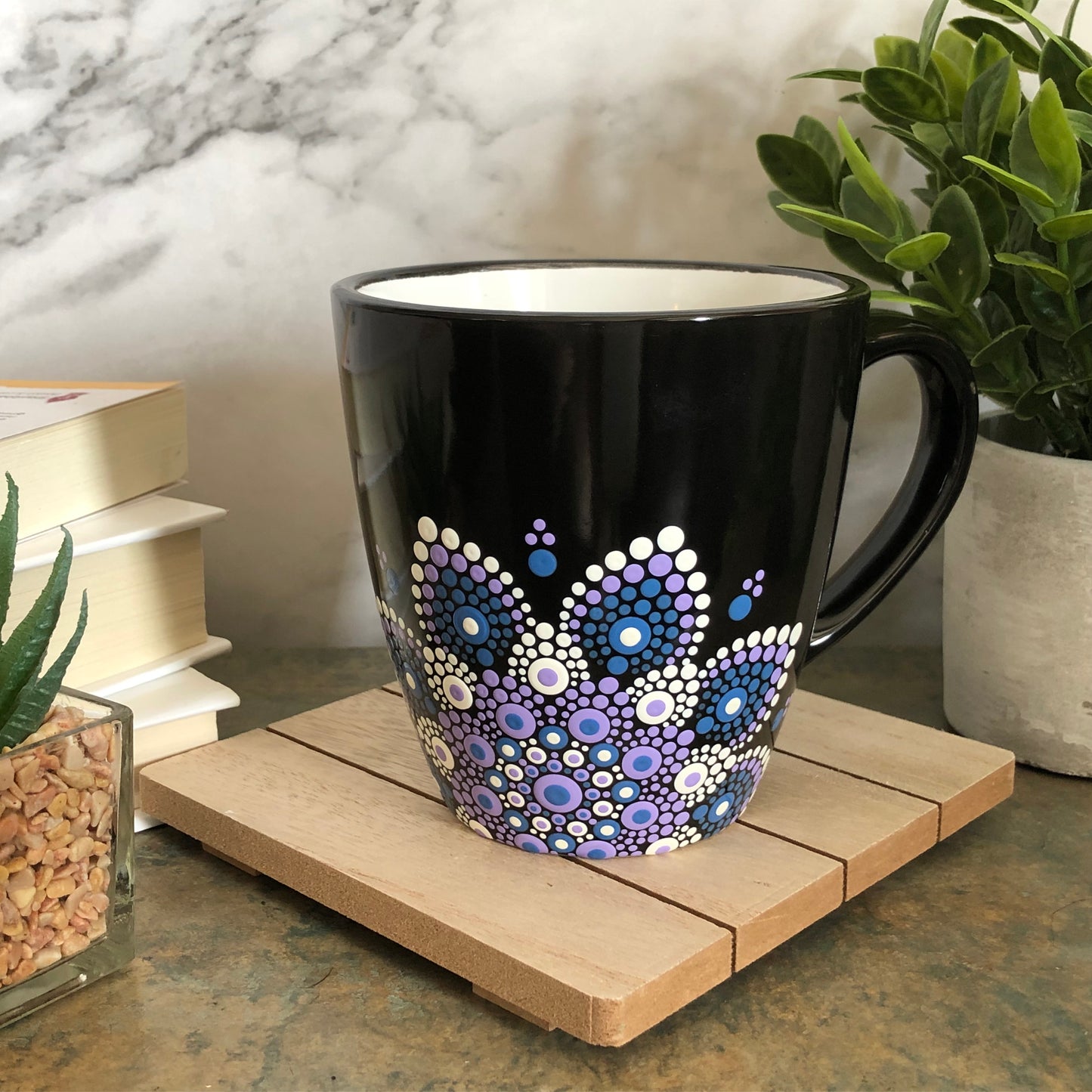 Made to Order ~ Black Mug ~ Purple, Blue and White Off Centered Mandala