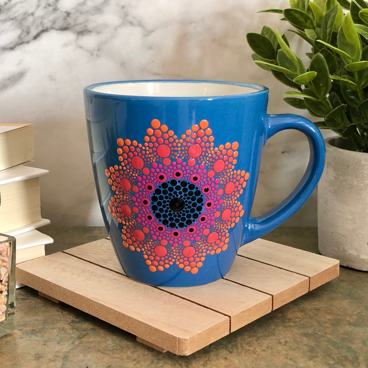 Blue Mug ~ Pink, Peach and Black Flower Mandala