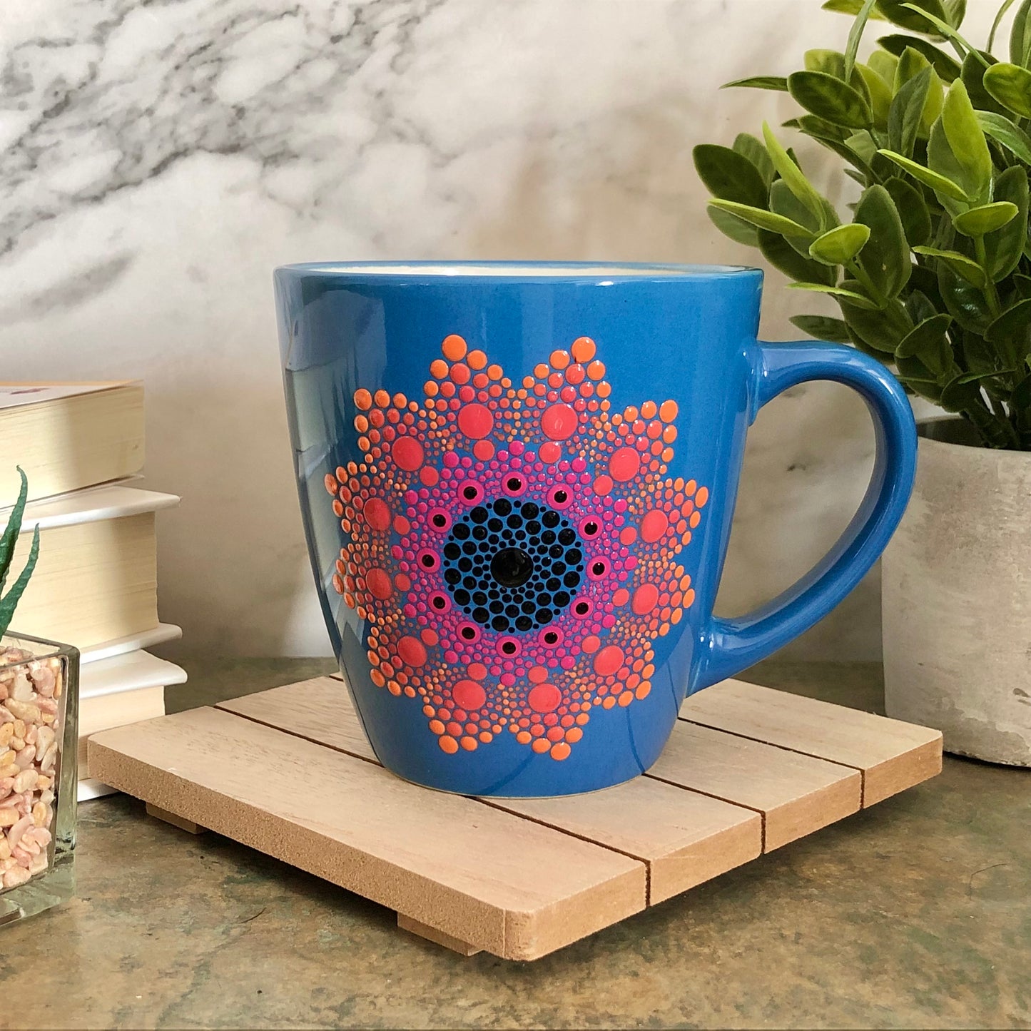 Blue Mug ~ Pink, Peach and Black Flower Mandala