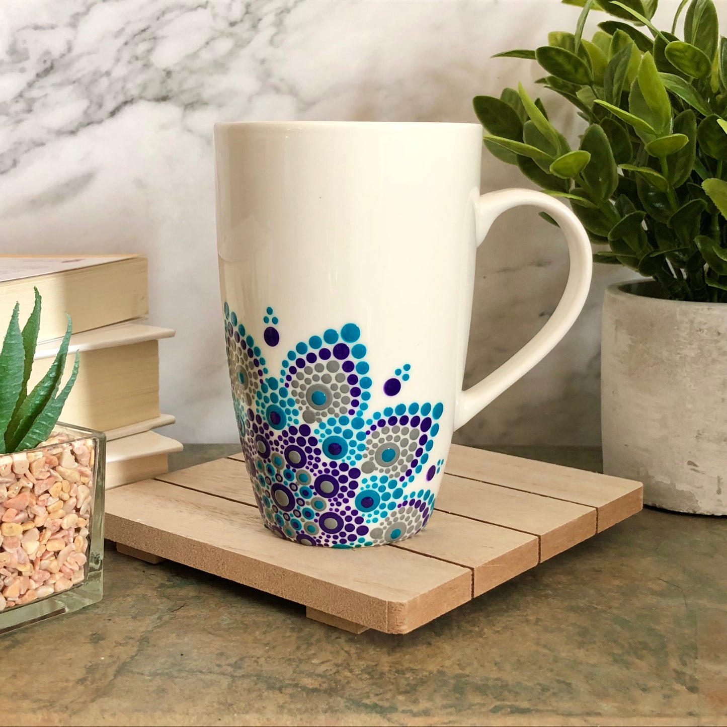 White Mug ~ Teal, Purple and Grey Off Centered Mandala