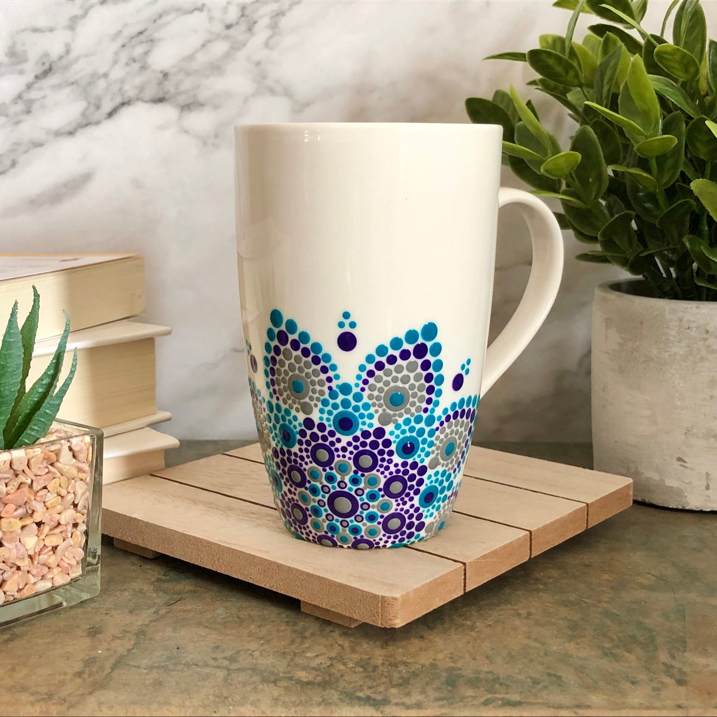 White Mug ~ Teal, Purple and Grey Off Centered Mandala