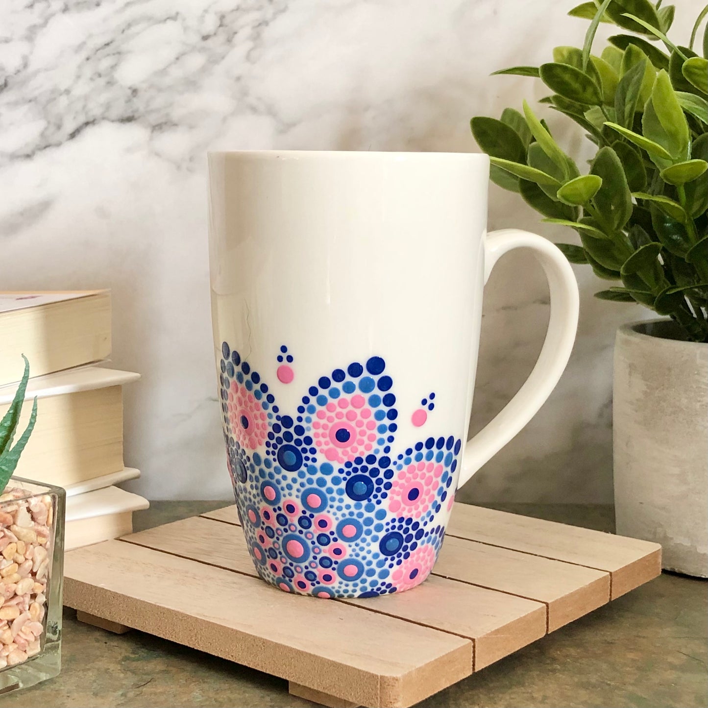 White Mug ~ Pink, Light Blue and Dark Blue Off Centered Mandala