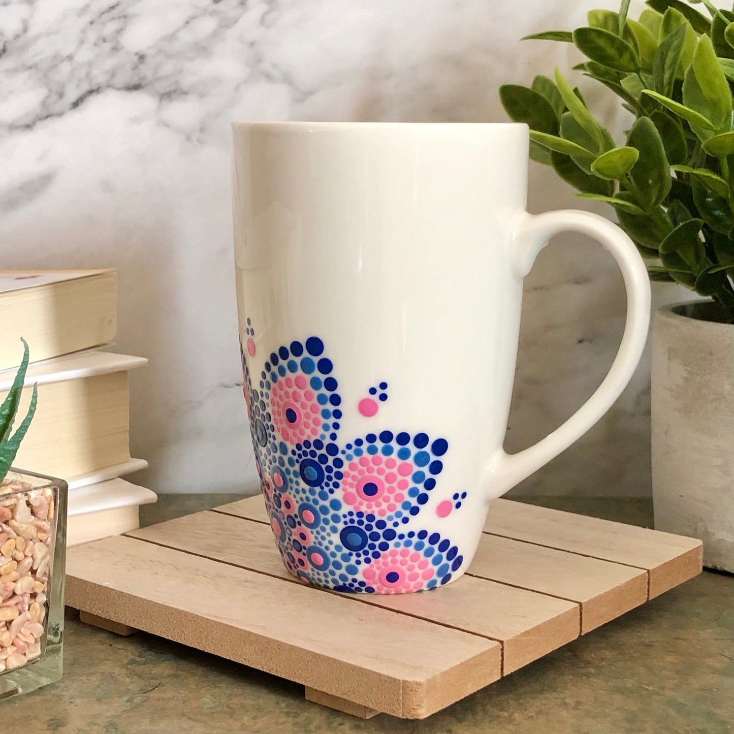 White Mug ~ Pink, Light Blue and Dark Blue Off Centered Mandala