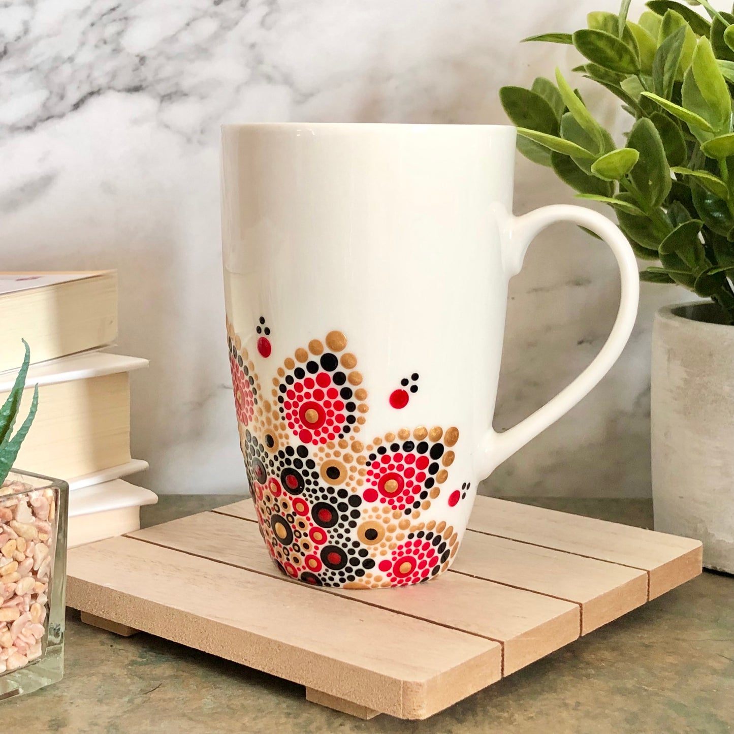 White Mug ~ Red, Gold and Black Off Centered Mandala