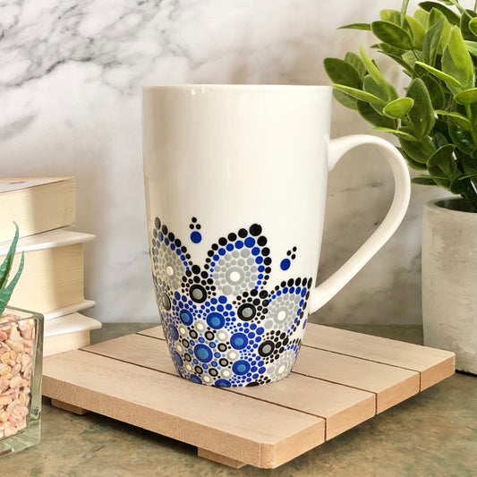 White Mug ~ Blue, Grey and Black Off Centered Mandala