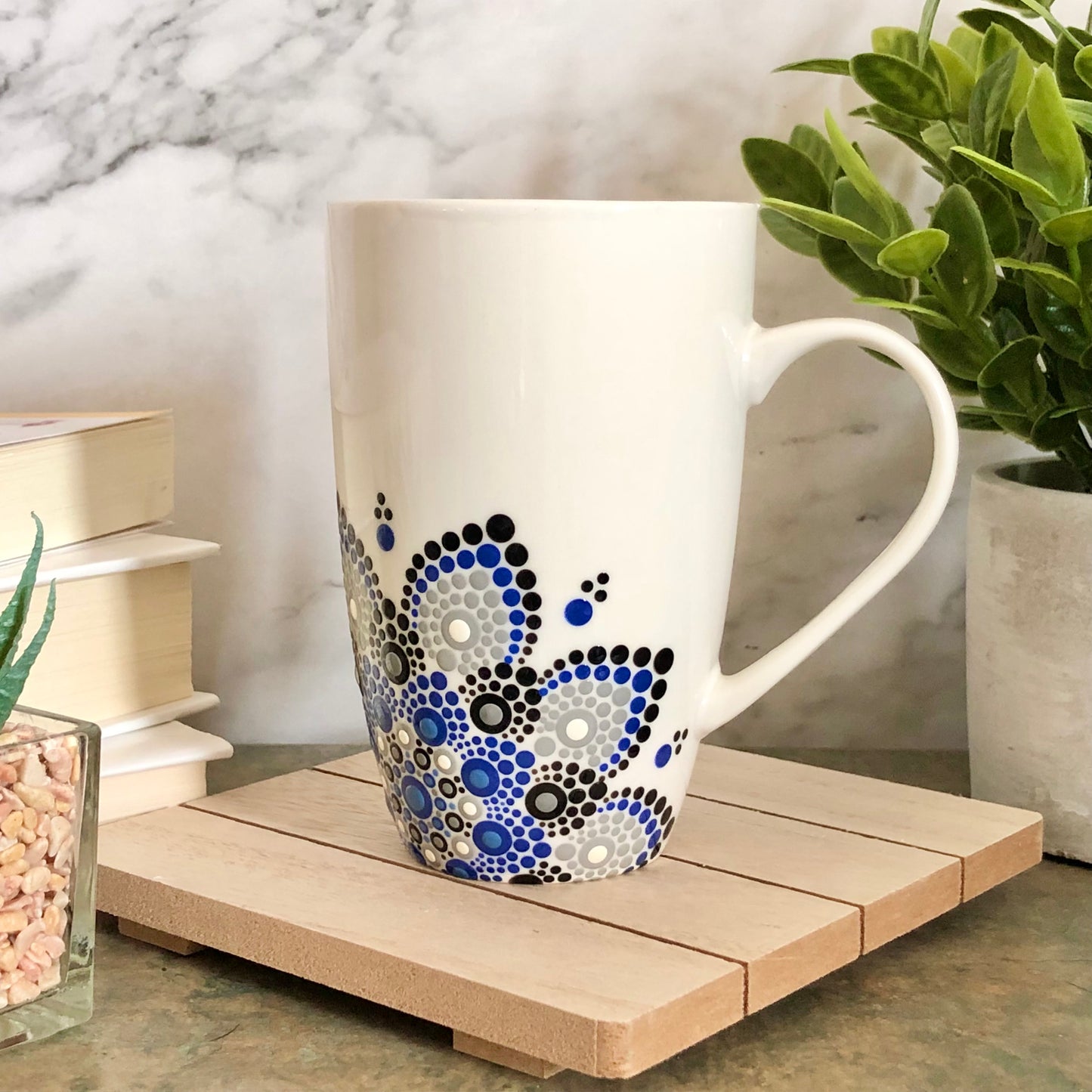 White Mug ~ Blue, Grey and Black Off Centered Mandala